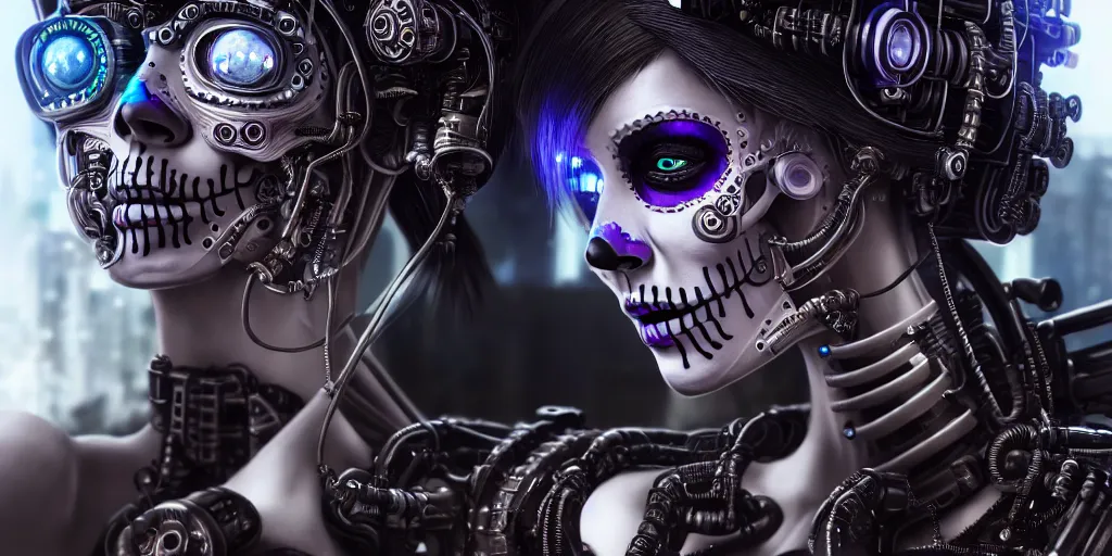 Prompt: ultra detailed, Mechanical Cyberpunk Female Android, dia de los muertos, cyberpunk, fantasy, intricate details, elegant, super highly detailed, professional digital painting, artstation, concept art, smooth, sharp focus, no blur, no dof, extreme illustration, Unreal Engine 5, Photorealism, HD quality, 8k resolution, cinema 4d, 3D, beautiful, cinematic, art by artgerm and michael welan and DZO and greg rutkowski and alphonse mucha and loish and WLOP