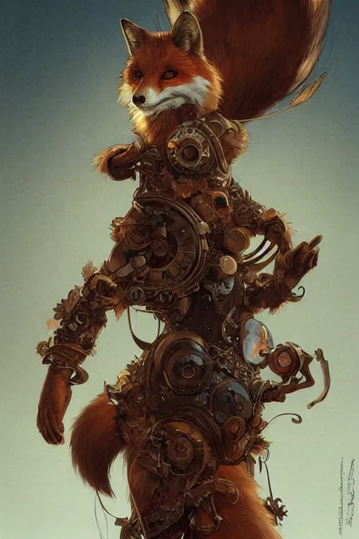 Image similar to heroic character design of anthropomorphic fox, whimsical fox with 6 tails, portrait, western, steampunk, duster, fantasy, intricate, elegant, highly detailed, digital painting, artstation, concept art, sharp focus, illustration, art by artgerm and greg rutkowski and alphonse mucha