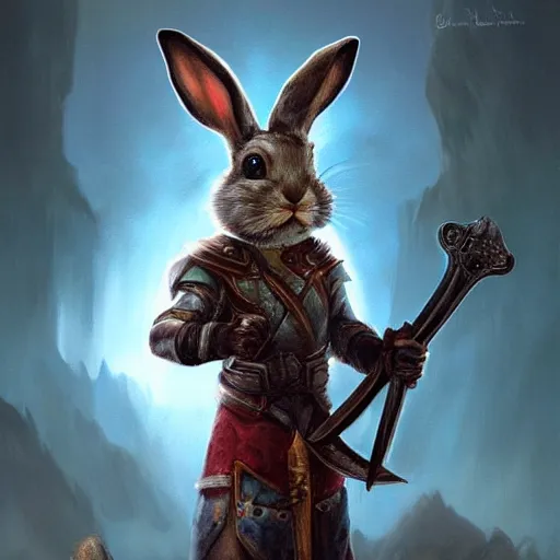 Image similar to bunny with helmet and sword, fantasy art, matte painting
