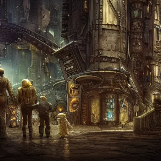 Image similar to a scifi family in an epic steampunk city, by moebius and hr giger, cinematic, 8 k