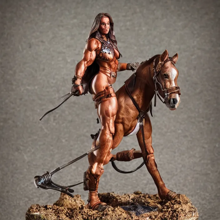 Image similar to 80mm resin detailed miniature of a Muscular Woman warrior standing next to a Horse, Product Introduction Photos, 4K, Full body, simple background