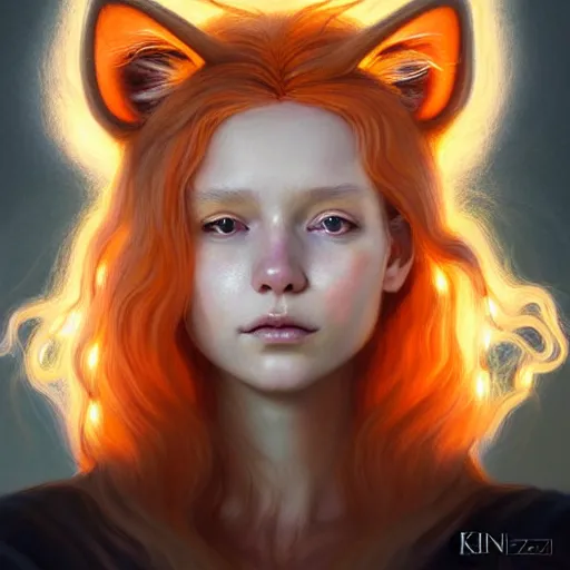 Prompt: Portrait of a girl angel with pale orange colored frizzy strands of illuminated hair, cat ears on her head, glowing halo, Lion's Mane, Lion's Gate, fantasy, intricate, elegant, highly detailed, digital painting, artstation, concept art, smooth, sharp focus, illustration, art by Krenz Cushart and Artem Demura and alphonse mucha