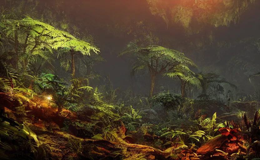 Image similar to a beautiful render of a dark prehistoric rainforest in a humongous cave, lush flora, patches of yellowish - red - magenta sky, sunset lighting, military industrial complex, intricate detail, hazy, humid, volumetric lighting, god rays, 8 k, photorealistic, raytracing effects, unreal engine 5