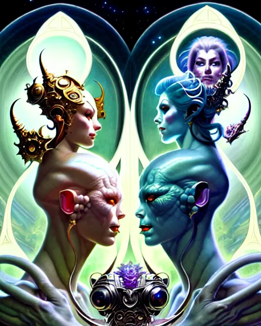 Image similar to beautiful gemini good and evil fantasy character portrait, ultra realistic, wide angle, intricate details, the fifth element artifacts, highly detailed by peter mohrbacher, hajime sorayama, wayne barlowe, boris vallejo, aaron horkey, gaston bussiere, craig mullins