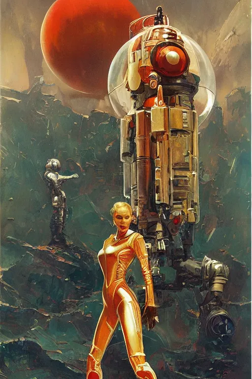 Image similar to pulp scifi fantasy illustration full body portrait elegant woman wearing latex spacesuit with huge martian creature in background, by norman rockwell, jack kirby, bergey, craig mullins, ruan jia, jeremy mann, tom lovell, 5 0 s, astounding stories, fantasy