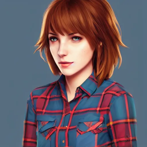 Image similar to max caulfield wearing a red plaid flannel shirt, fantasy, intricate, young and cute, highly detailed, digital painting, artstation, concept art, smooth, sharp focus, illustration, unreal engine, life is strange, Edouard Caplain