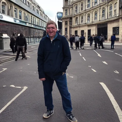 Image similar to a middle aged man explores london, cartoon