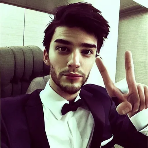 Prompt: a picture of the most attractive man on the planet wearing a suit, giving a peace sign,