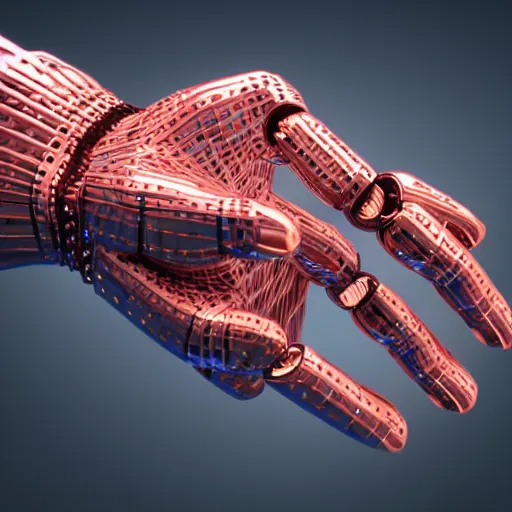 Image similar to realistic human robotic hand, dystopian, a low poly render by gabriel dawe, surrealism, trending on polycount, generative art, low poly, rendered in cinema 4 d, terragen