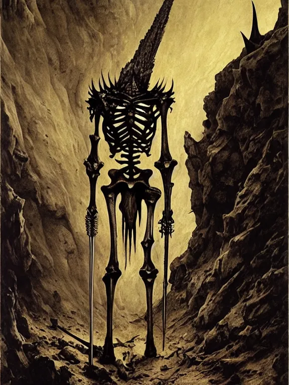 Prompt: A spiked horned semihuman skeleton with armored joints stands in a large cave with sword in hand. Massive shoulderplates. Extremely high detail, realistic, fantasy art, solo, masterpiece, bones, ripped flesh, saturated colors, art by Zdzisław Beksiński, Arthur Rackham, Dariusz Zawadzki