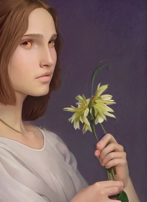Image similar to well - lit art nouveau face portrait of a 1 3 - year old girl wih resembles natalie portman and emily browning holding a flower, natural lighting, path traced, highly detailed, high quality, cartoon, digital painting, by don bluth and ross tran and studio ghibli