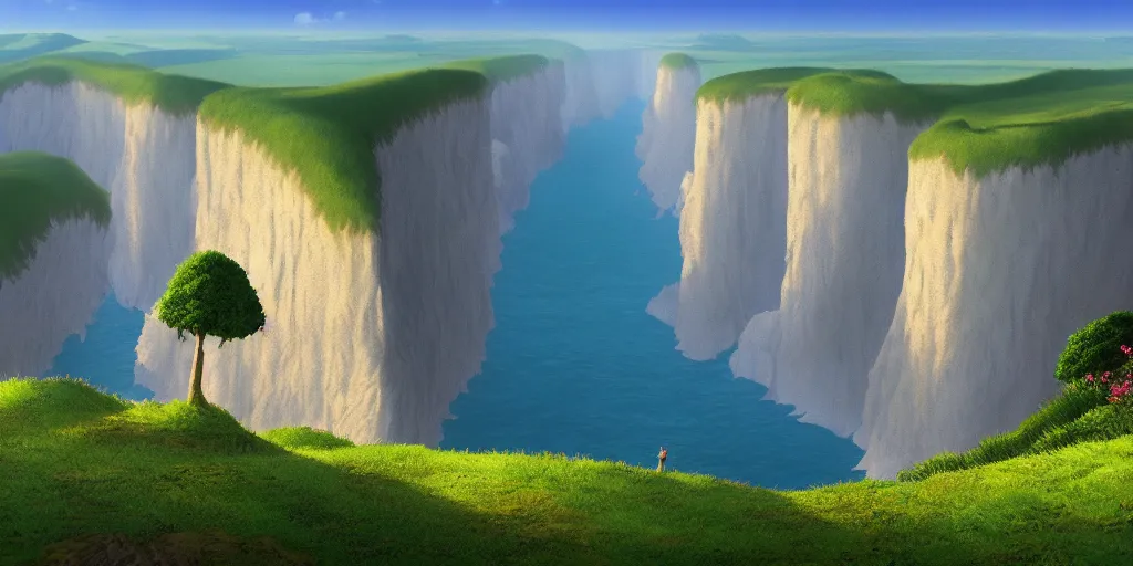 Image similar to background matte painting cliffs of dover miyazaki ghibli miyamoto pixar dreamworks, full frame, vista english countryside.