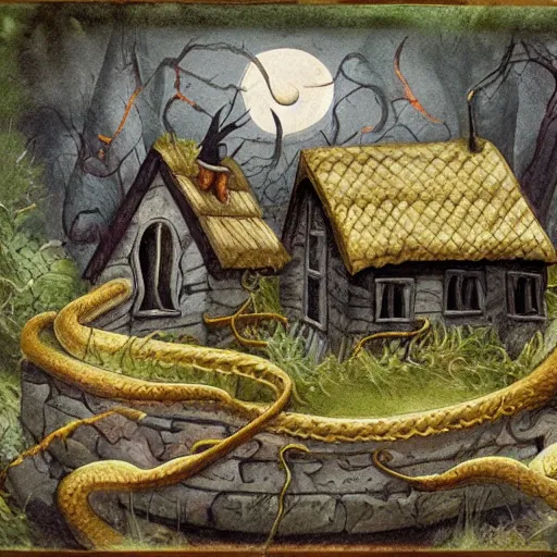 Prompt: a witches house with huge snakes on the roof
