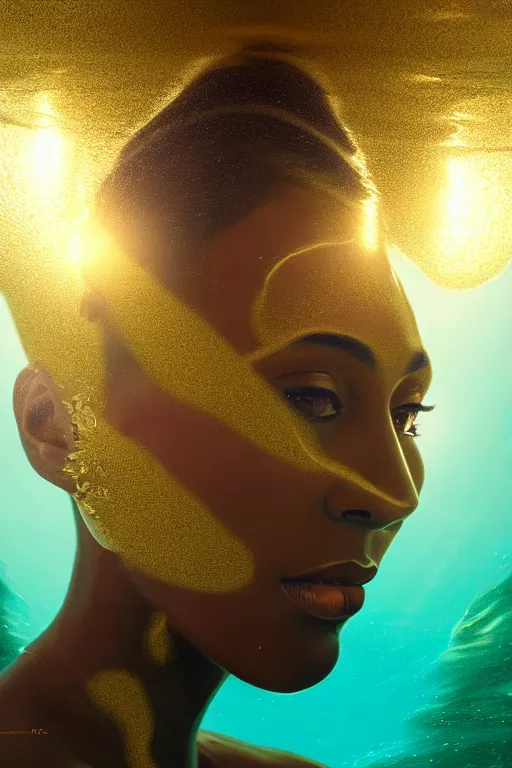 Prompt: hyperrealistic cinematic half underwater scene very expressive! translucent elegant african goddess, gold jewerly, highly detailed face, digital art masterpiece, aykut aydogdu zener, dramatic volumetric light, long shot, low angle uhd 8 k, sharp focus