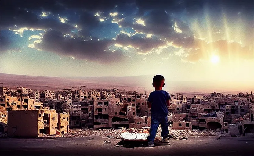 Prompt: “little boy figure lost, epic view of Hummus in Syria in destruction, evening time clear sky, sad atmosphere, ruins, heartbreaking landscape, hyperdetailed, hyperrealism, trending on artstation, award winning photograph, photorealistic, 8k, concept art, cinematographic, uhd, epic lighting”