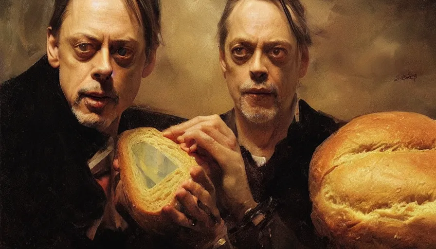 Image similar to beautiful portrait of steve buscemi in a loaf of bread, art by anders zorn, wonderful masterpiece by greg rutkowski, beautiful cinematic light, american romanticism thomas lawrence, greg rutkowski