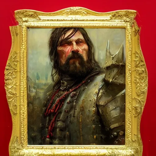 Image similar to Solomon Joseph Solomon and Richard Schmid and Jeremy Lipking victorian genre painting portrait painting of a old rugged movie actor medieval knight character in fantasy costume, red background