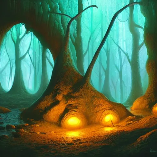 Image similar to fluorescent mushrooms dimly lighting a moist cave, highly detailed, digital painting, artstation, concept art, sharp focus, illustration, by Evgeny Lushpin