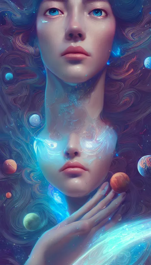 Prompt: a beautiful goddesses, planets crashing, highly detailed, profile, dreaming, digital painting, refreshing, trending on artstation, octane render, illustration by james jean