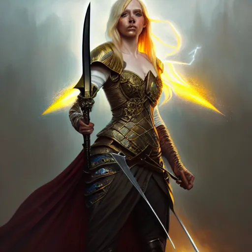 Image similar to A epic fantasy portrait of a blond woman, holding a sword, castle setting, horror movie lightning, intricate, elegant, highly detailed, digital painting, artstation, concept art, matte, sharp focus, illustration, art by Artgerm and Greg Rutkowski and Alphonse Mucha