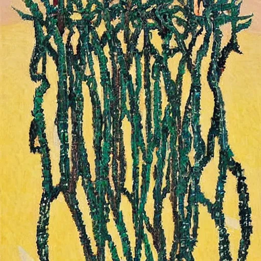 Prompt: A beautiful land art. It has no visible auditory organs, just eyes, human eyes, hundreds of them, in the ends of stalks that radiate from its body like some exotic fruit. by Mikhail Larionov, by Cildo Meireles a e s t h e t i c