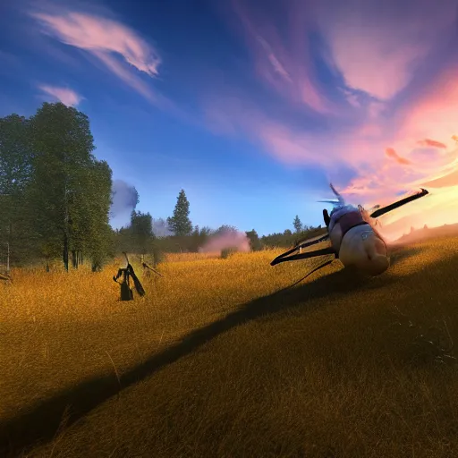 Image similar to war torn battlefield outside of a forest, crashed plane, dragon flies overhead, golden hour, ray tracing reflection, 8k, hyper realistic, insainly detailed, hdr, octan render,