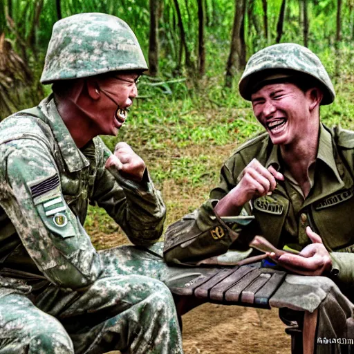 Prompt: Two soldiers laughing while playing cards, Vietnam War, jungle, 4k, highly detailed, HDR, hyper realistic