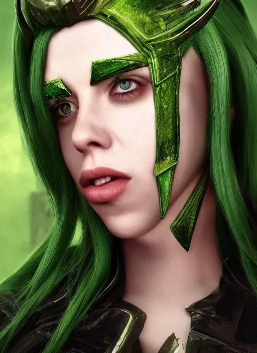 Image similar to billie eilish as female loki by Nixeu, Ian Sprigger, WLOP, Sakimichan, trending on artstation, hyper realistic, smooth octane render