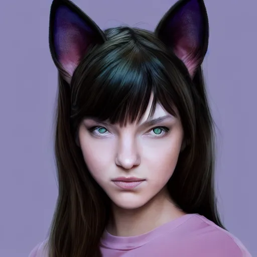 Image similar to Perfectly-Centered Portrait of a Realistic Beautiful Young Woman Wearing Fake-Cat-Ears and t-shirt and shorts, perfect female specimen, intricate, elegant, super highly detailed, professional digital painting, artstation, concept art, smooth, sharp focus, no blur, no dof, extreme illustration, Unreal Engine 5, Photorealism, HD quality, 8k resolution, cinema 4d, 3D, beautiful, cinematic, art by artgerm and greg rutkowski and alphonse mucha and loish and WLOP