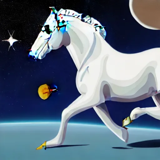 Image similar to a horse rining on astronaut, pale colors, concept art