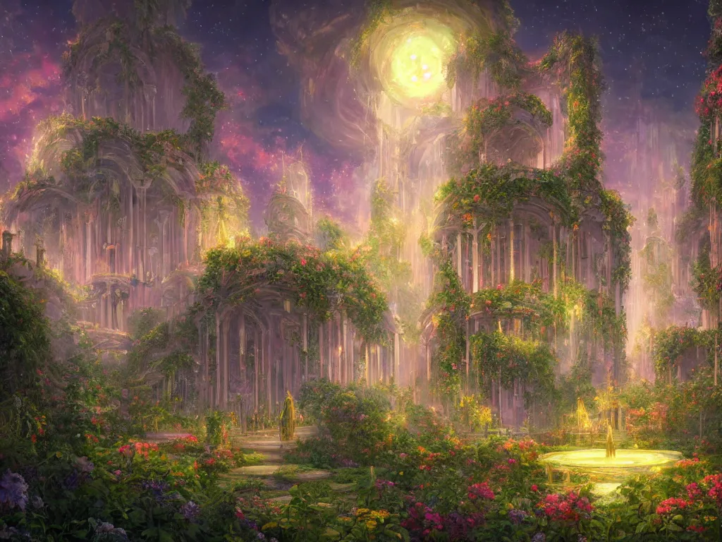 Image similar to beautiful highly detailed digital illustration of a celestial palatial garden with pillars of light towering above. by Andreas Rocha, colorful nebula in the night sky, stars, flowers and vines and creepers, establishing shot, cinematic, architecture, artstation HQ, HD, 8k resolution, featured in art magazine