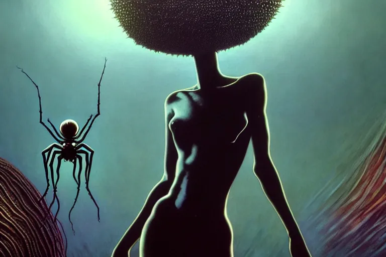 Image similar to realistic detailed portrait movie shot of a beautiful black woman dancing with a giant spider, futuristic sci fi landscape background by denis villeneuve, jean deville, yves tanguy, ernst haeckel, alphonse mucha, max ernst, caravaggio, roger dean, sci fi necklace, fashion, masterpiece, rich moody colours