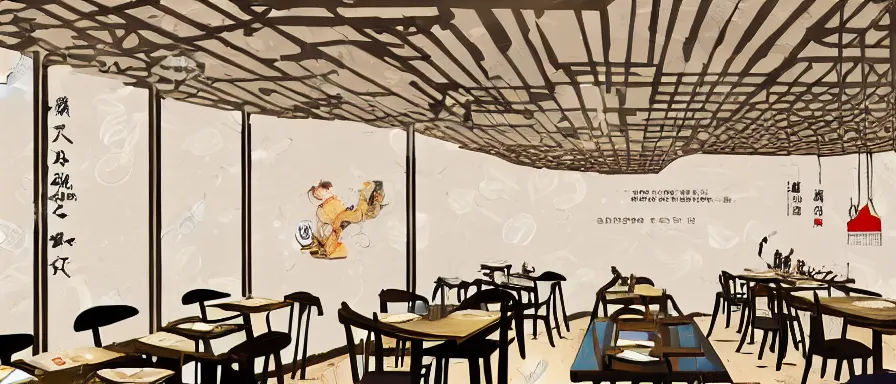 Image similar to a beautiful interior view illustration of a small roasted string hotpot restaurant in yan'an city, restaurant wall paper is a tower on a mountain, rectangle white porcelain table, black chair, animation illustrative style, from china, simple style structure decoration design, victo ngai, james jean, 4 k hd