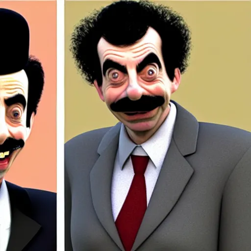 Image similar to borat meets mr bean, ultra realistic, realistic faces