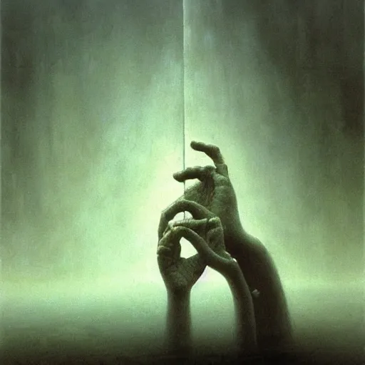 Image similar to arm reaching out of thick fog, marble blocks levitating in the background, zdzislaw beksinski