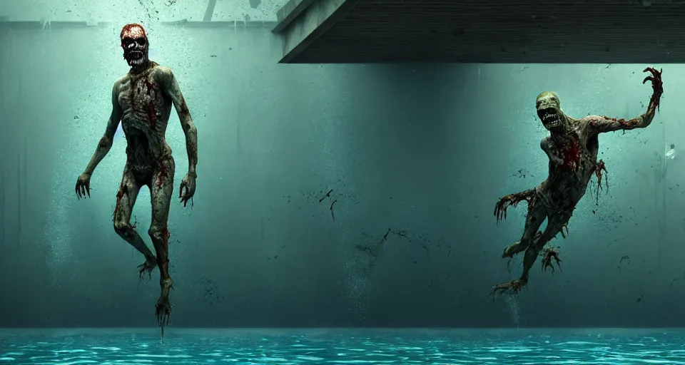 Image similar to highly detailed full body portrait of a zombie swimming underwater in a zombie - apocalypse, in a swimming pool, by greg rutkowski, octane render