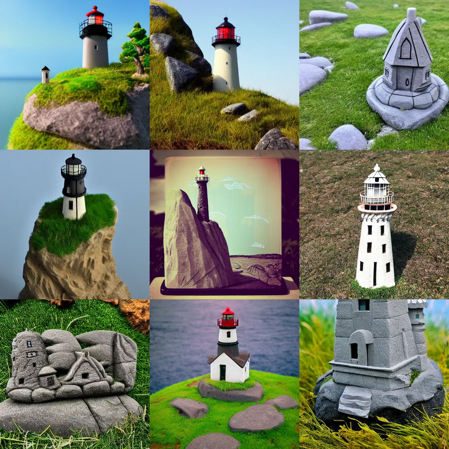 Prompt: lofi lighthouse, carved stone, grass, miyazaki style