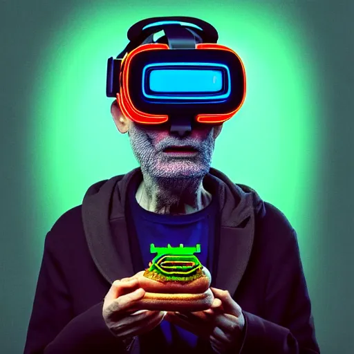 Prompt: Colour Photography of 1000 years old man with highly detailed 1000 years old face wearing higly detailed cyberpunk VR Headset designed by Josan Gonzalez Many details. Man eating higly detailed hot-dog. In style of Josan Gonzalez and Mike Winkelmann andgreg rutkowski and alphonse muchaand Caspar David Friedrich and Stephen Hickman and James Gurney and Hiromasa Ogura. Rendered in Blender