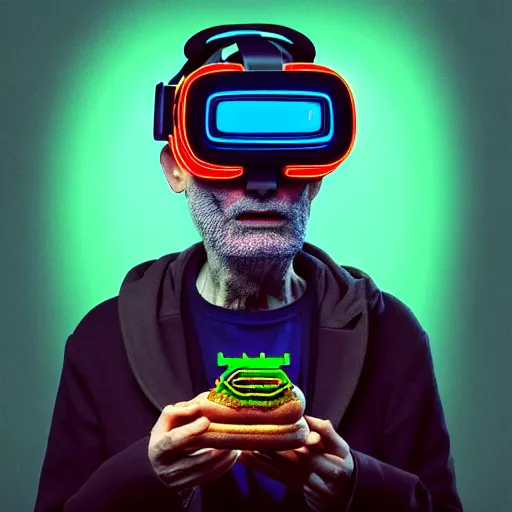 Image similar to Colour Photography of 1000 years old man with highly detailed 1000 years old face wearing higly detailed cyberpunk VR Headset designed by Josan Gonzalez Many details. Man eating higly detailed hot-dog. In style of Josan Gonzalez and Mike Winkelmann andgreg rutkowski and alphonse muchaand Caspar David Friedrich and Stephen Hickman and James Gurney and Hiromasa Ogura. Rendered in Blender