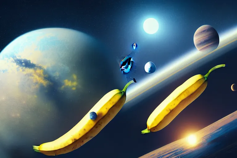 Image similar to a gigantic banana floating in space, other planets in the background, illustration, digital art, matte painting, by greg rutkowski, detailed, sharp, masterpiece, highly detailed, photorealistic, octane render, 8 k, unreal engine 5, trending on artstation