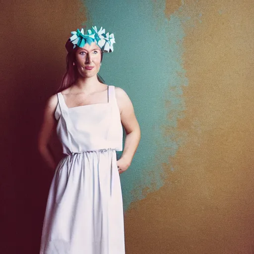 Image similar to a photograph of beautiful nordic woman wearing a white folkdrakt dress, she has a summer flower headband. against a teal studio backdrop. strong kodak portra 4 0 0 film look. film grain.