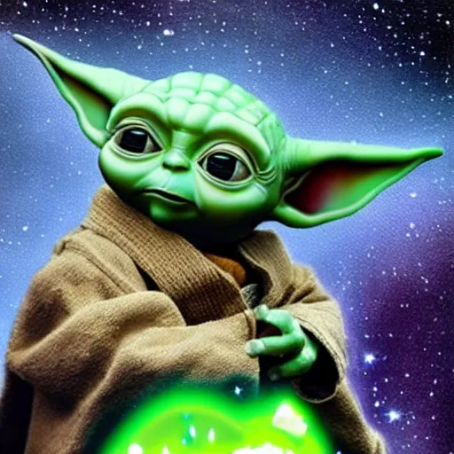 Image similar to baby yoda floating in space, stars in background, cinematic, highly detailed, realistic