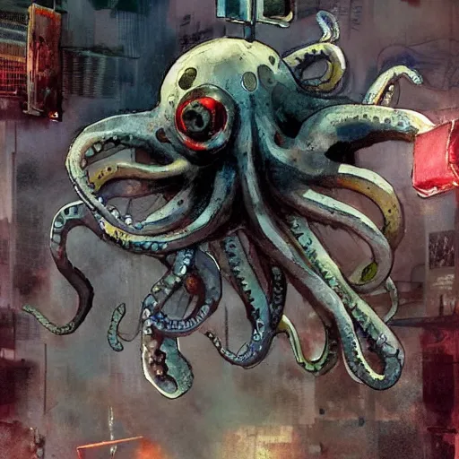 Image similar to Octopus playing R&R drum kit, cyberpunk, realistic, detailed, Industrial Scifi, paint, watercolor, in the style of Ashley Wood and Wadim Kashin