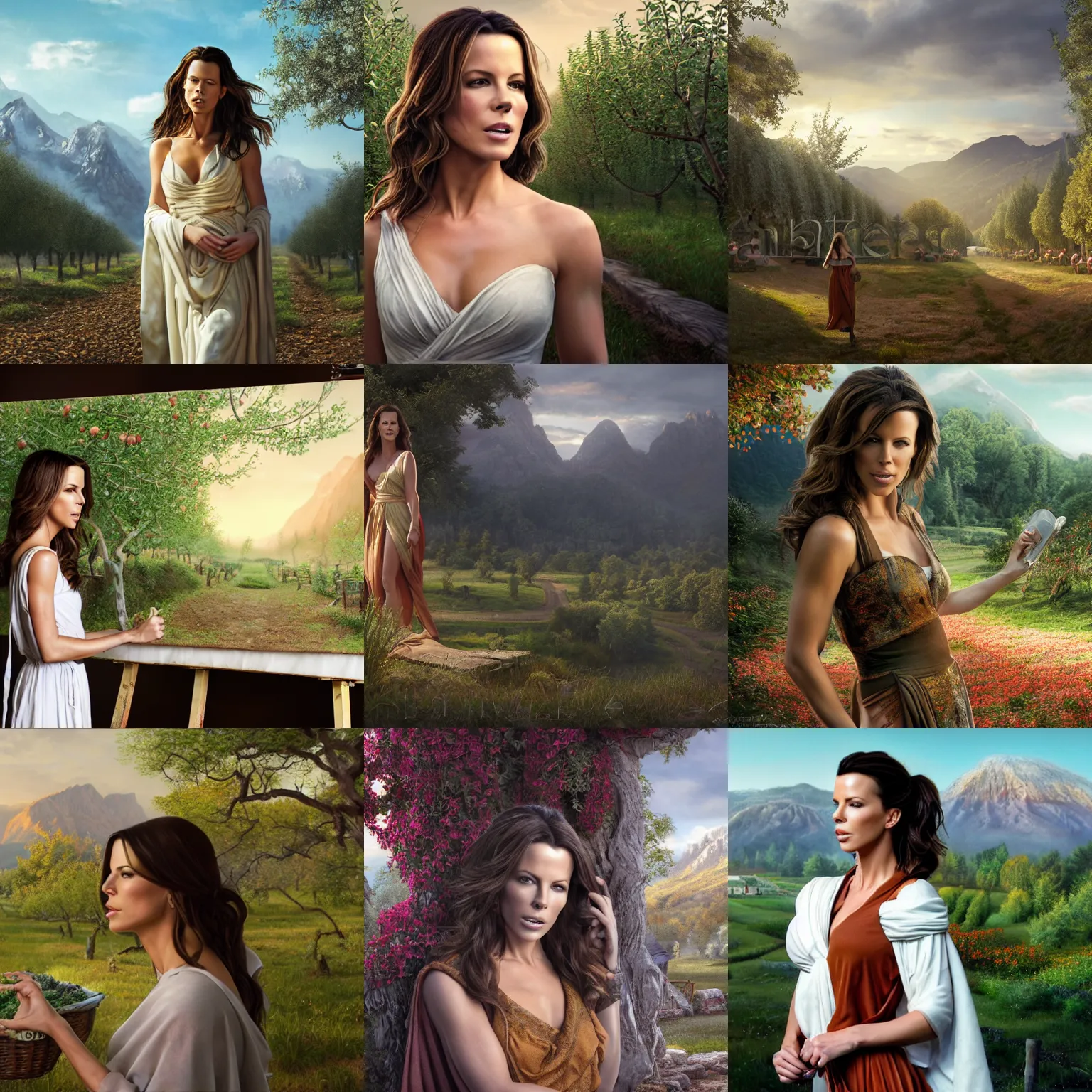 Prompt: a closeup photorealistic photograph of kate beckinsale weared in roman toga, working on a canvas painting of fantasy apple orchard. film still. brightly lit scene. mountains and trees. this 4 k hd image is trending on artstation, featured on behance, well - rendered, extra crisp, features intricate detail, epic composition and the style of unreal engine.