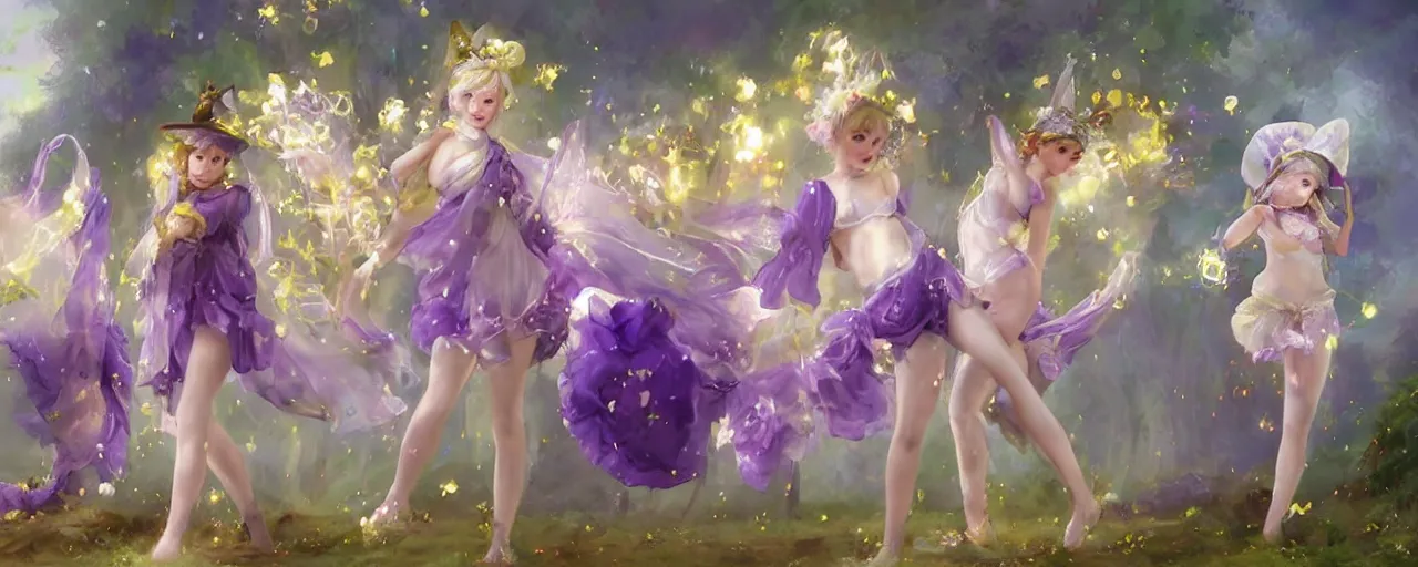 Image similar to Full View of mysterious fairy maidens with short blond hair wearing an oversized purple Beret, Baggy Purple overall shorts, Short Puffy pants made of silk, silk shoes, a big billowy scarf, Golden Ribbons, white leggings Covered in stars. Short Hair. peasant magic. masterpiece 4k digital illustration by Ruan Jia and Mandy Jurgens and Artgerm and greg rutkowski , award winning, Artstation, art nouveau aesthetic, Alphonse Mucha background, intricate details, realistic, panoramic view, Hyperdetailed, 8k resolution, intricate art nouveau, smooth, sharp focus. Rhythmic gymnastics poses