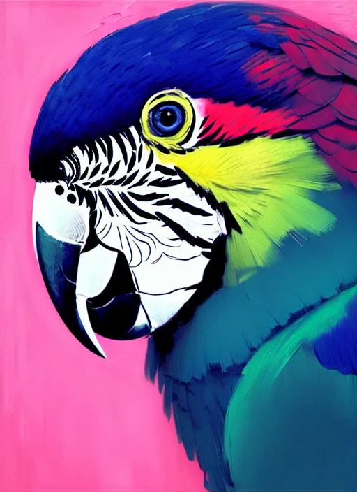 Image similar to portrait of a beautiful parrot, shades of pink and blue, beautiful face, rule of thirds, spotlight, by greg rutkowski, by jeremy mann, by francoise nielly, by van gogh, digital painting