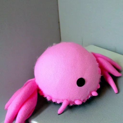 Image similar to pink stuffed spider doll, homemade, handcrafted, imperfect, puffy, fluffy