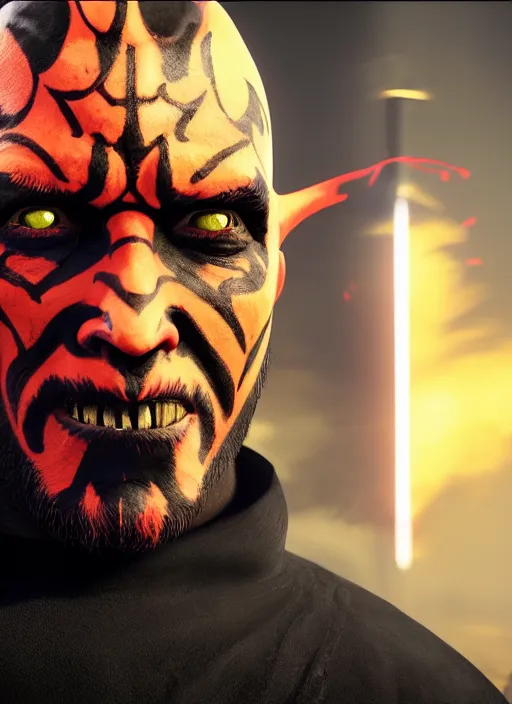 Image similar to highly detailed portrait darth maul with yellow eyes in gta v, unreal engine, fantasy art by greg rutkowski, global illumination, radiant light