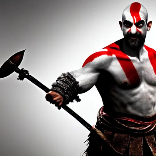 Image similar to mr. bean as kratos from god of war. movie still. cinematic lighting.