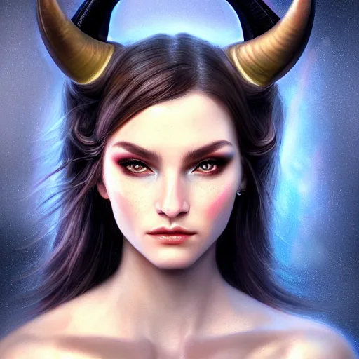 Prompt: perfectly - centered close - up face - portrait of horned goddess, the perfect human female specimen, intricate, elegant, super highly detailed, professional digital painting, artstation, concept art, smooth, sharp focus, no blur, no dof, extreme illustration, unreal engine 5, 8 k, by anne stokes